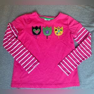 Hanna Andersson Long Sleeve Shirt - Stripes Flowers Applique Fuchsia Size 10